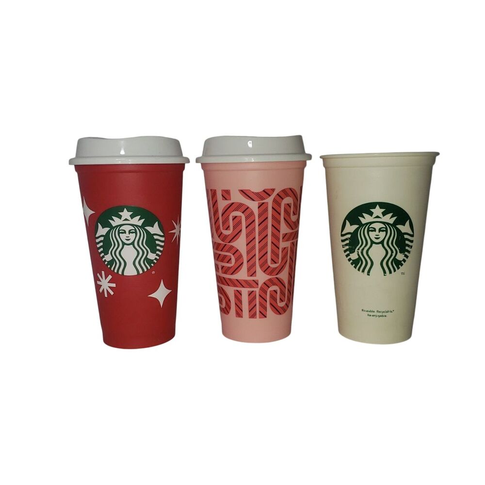 Starbucks Reusable Holiday Cups Set of 3 16oz Red Pink White Lids Eco Friendly